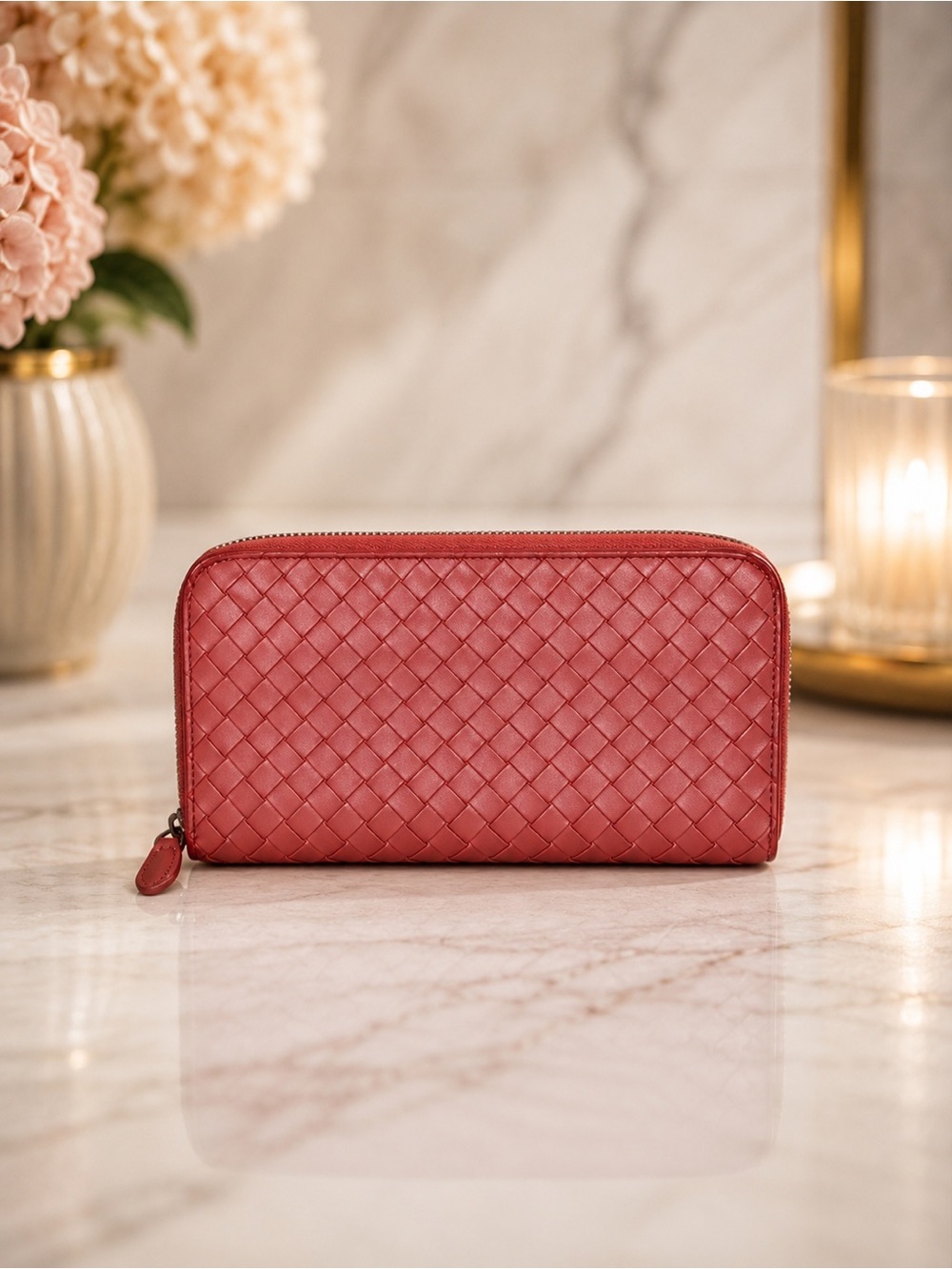 Bottega Veneta Rose Pink Intrecciato Leather Long Zip Wallet  | Full Inclusion